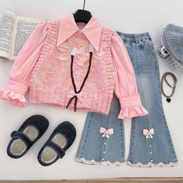 Baby Girl Vest Shirt and Flared Jeans Three-Piece Set