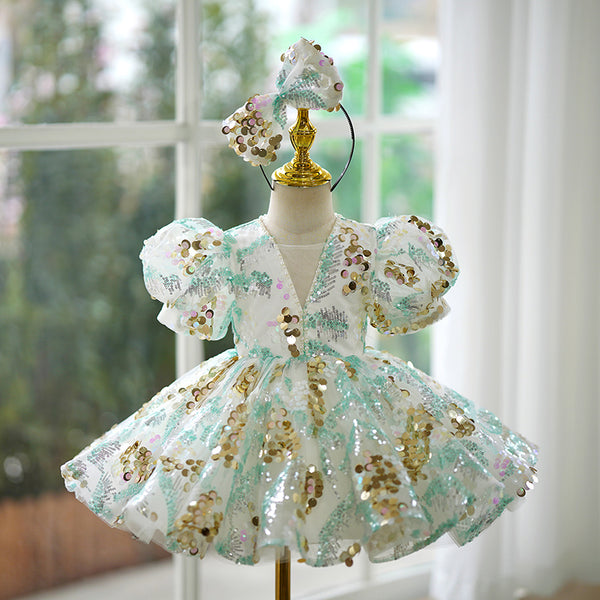 Elegant Baby Girls V Collar Floral Sequin Princess Dress Toddler Birthday Dress