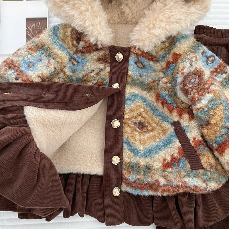 Girls' Winter Fleece Hooded Coat Flared Pants Two-Piece Set