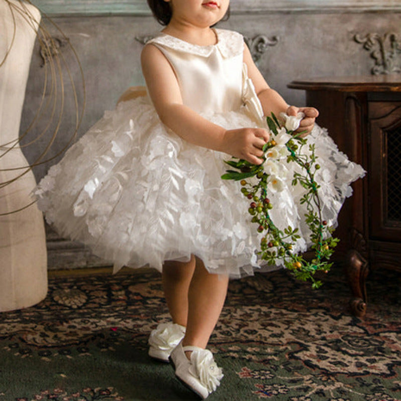 Flower Girl Dresses Baby Girl Summer White Puffy bow Birthday Party Dress Toddler Christening Dresses