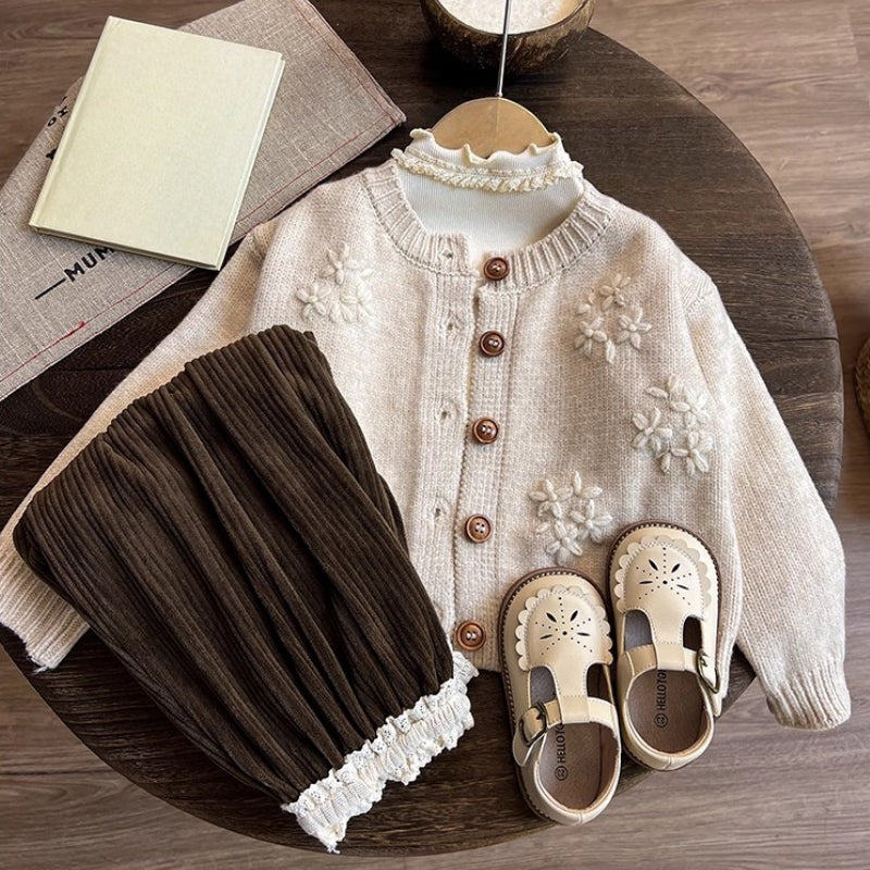 Girls' Autumn New Knitted Sweater Cardigan Bottoming Shirt Pants Three-piece Set