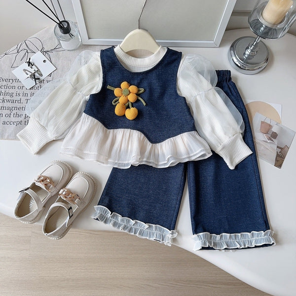 Girls' New Autumn Bottoming Shirt Denim Vest Lace Jeans Three-piece Set
