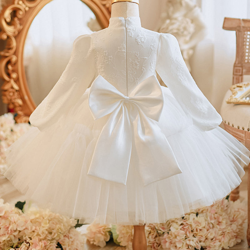 Retro Cute Girls White Dress First Birthday Party Princess Dress, White / 5-6 Years (130cm)