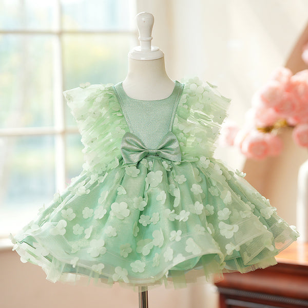Elegant Baby Girls Green Floral Mesh Birthday Puff Dress Toddler Princess Dresses For Girls