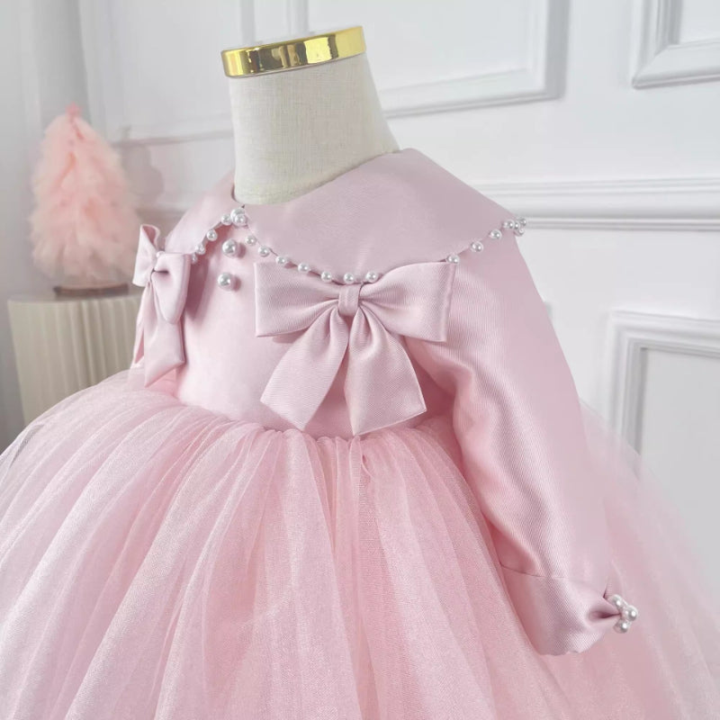 Cute Baby Pink Bow Mesh Evening Prom Dress Toddler Christening Dress