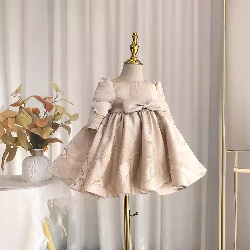 Elegant Baby One Year Old Long-sleeved Printed Satin Princess Dress Toddler's First Christening Dress