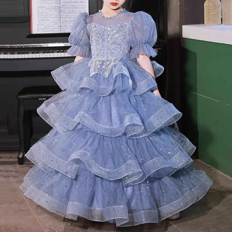 girls blue sequin dress Girls Long Iridescent Sequin Dress by Tiffany Princess 13625 16 / Peacock