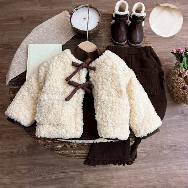 Girls' Winter Coat Bottoming Shirt and Pants Three-piece Set