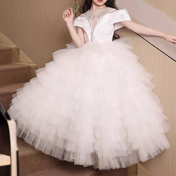 Elegant Baby White V-Neck Flower Girl Dress Toddler Puffy Princess Dress