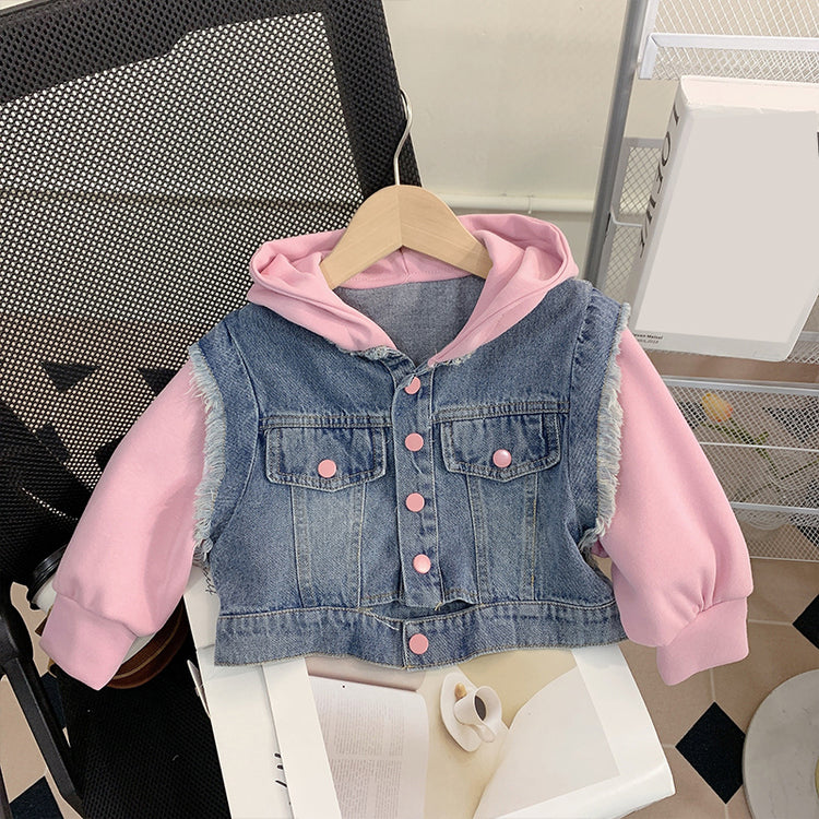 Cute Baby Girl Hooded Patchwork Denim Sweatshirt