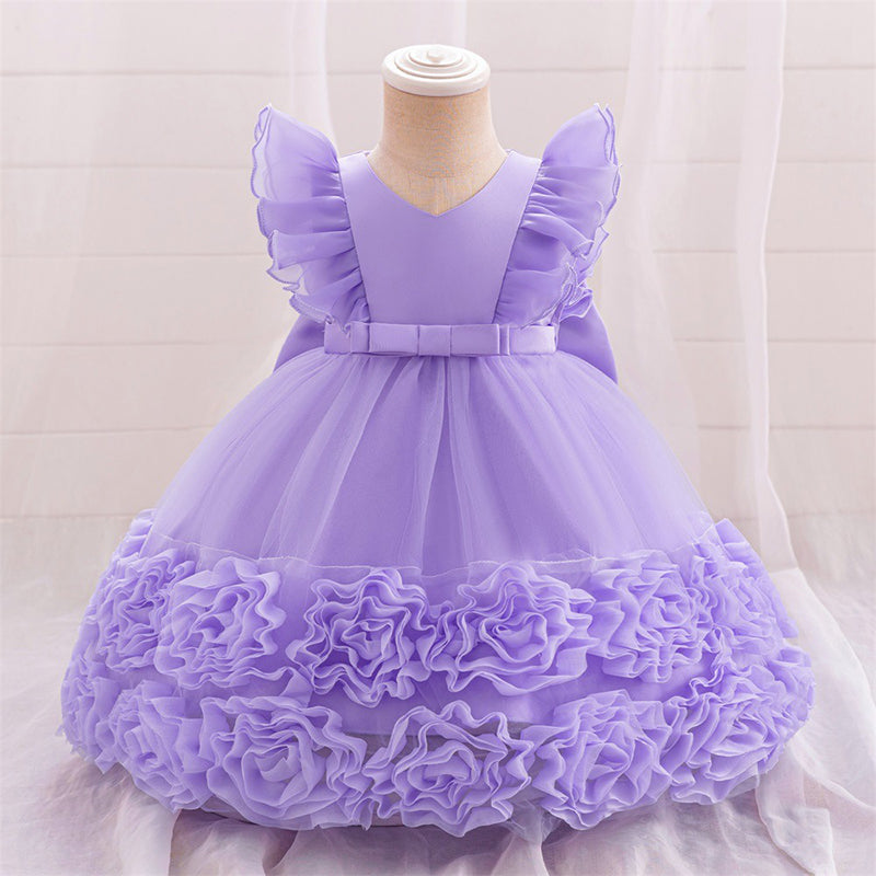 Birthday Dress with Floral Skirt and Small Flying Sleeves