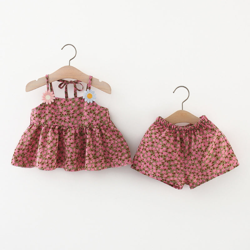 Baby Girl Summer Floral Suspender and Shorts Two-piece Set