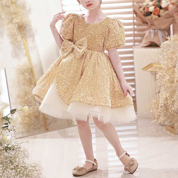 Cute Girls Gold Sequined Piano Performance Birthday Party Princess Dress