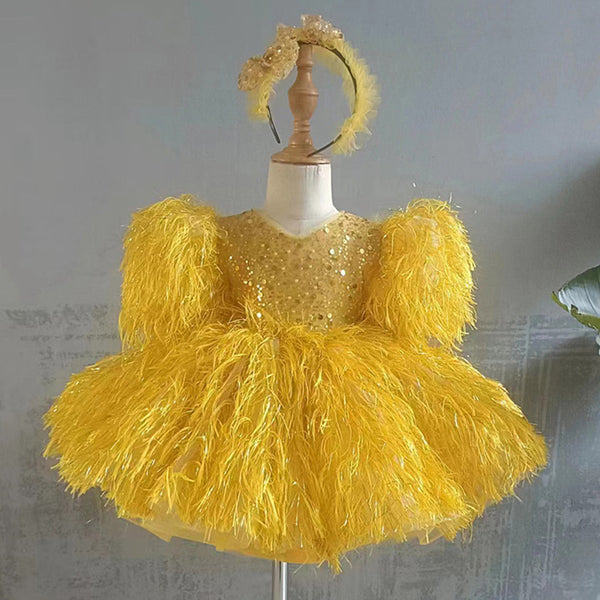 Baby Girl  Beauty Pageant Party Dress Toddler Fringed Gold Birthday Princess Dress