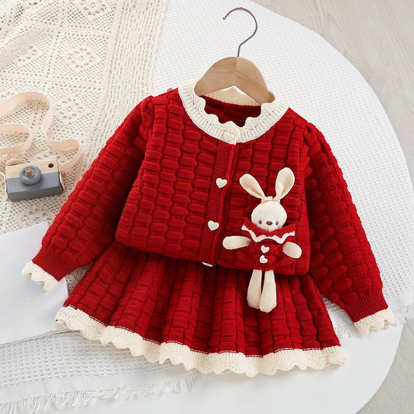 Girls' Cartoon Knitted Cardigan Short Skirt Two-Piece Set