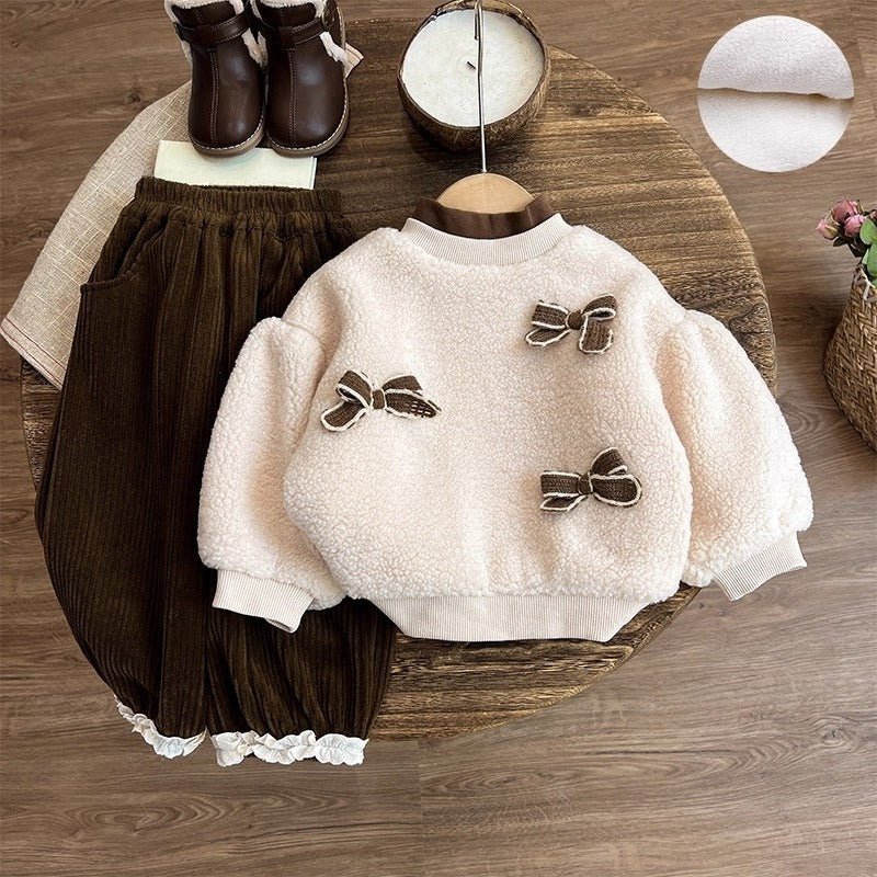 Girls' Autumn New Fleece Top and Pants Two-piece Set