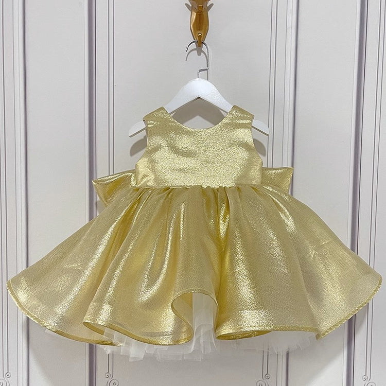 Baby Girl Gold Shiny Sleeveless Bow-knot Pageant Princess Dress