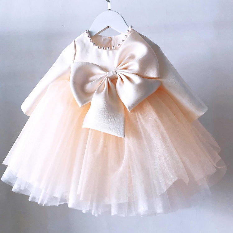 Baby Girl Birthday Party Dress Toddler Long Sleeve Cute Bow Knot Fluffy Christening Dress