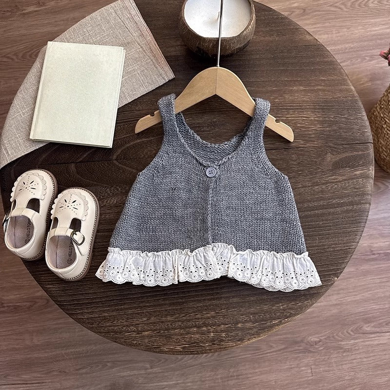 Girls' Autumn Knitted T-shirt Vest Pants Three-piece Set