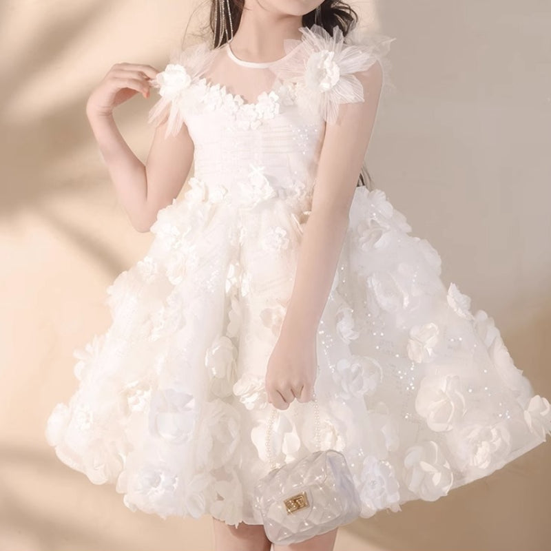 Girls Birthday Puff Princess Dress Flower Girl White Wedding Dress