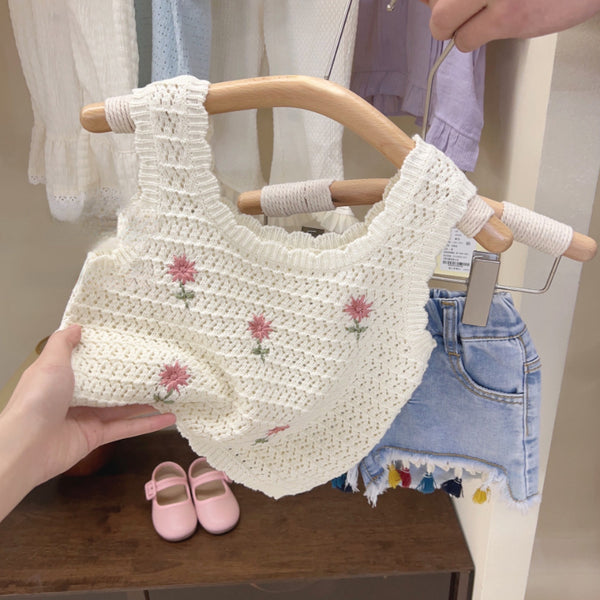 Baby Girl Rose Knitted Vest Children's Denim Shorts Two-piece Set