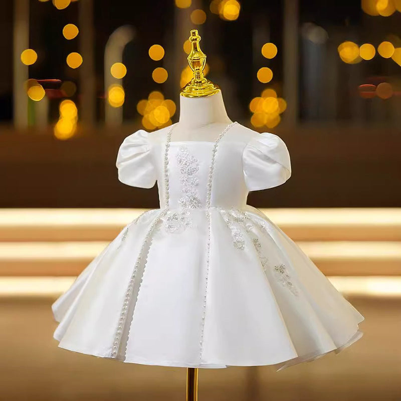 Children's White Birthday Dress Princess Dress with Pearls