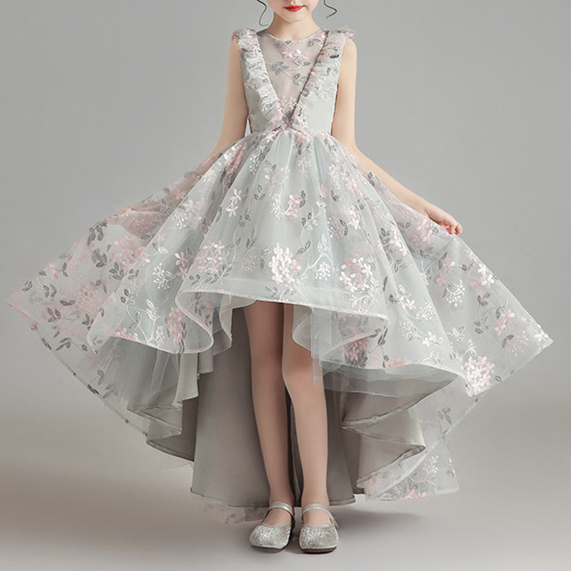 Elegant Baby Girls Gray V-neck Floral Long Mesh Princess Dress Toddler Flower Girl Dress