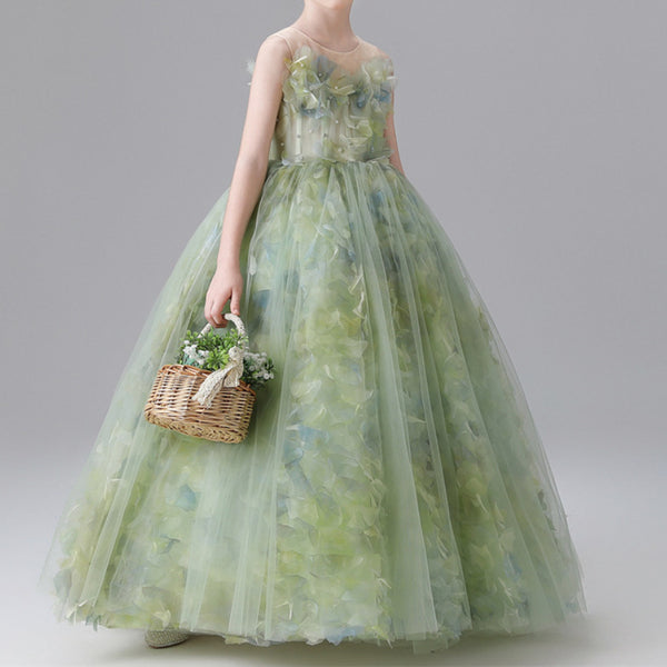 Girls Green Elegant Dress Children Birthday Princess Dress