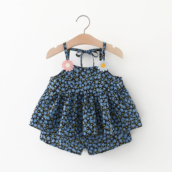 Baby Girl Summer Floral Suspender and Shorts Two-piece Set