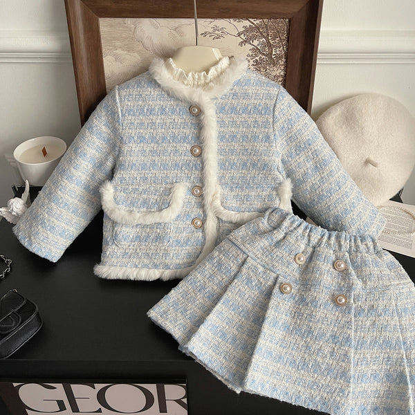 Cute Warm New Year Baby Girls Blue Two-piece Coat Short Dress Suit