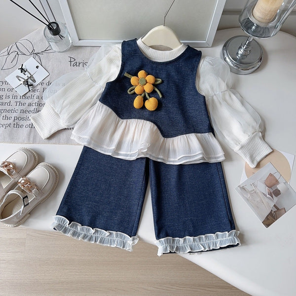 Girls' New Autumn Bottoming Shirt Denim Vest Lace Jeans Three-piece Set