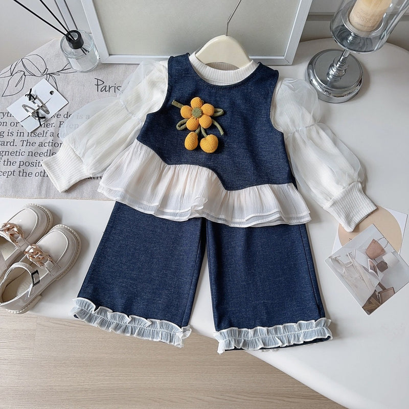 Girls' New Autumn Bottoming Shirt Denim Vest Lace Jeans Three-piece Set