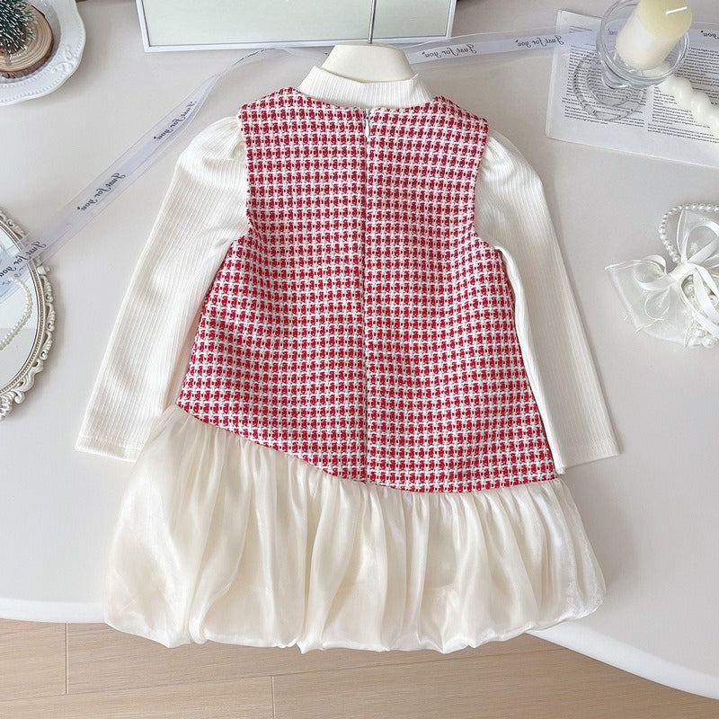Girls' Plaid Base Layer Vest Dress Two-piece Set