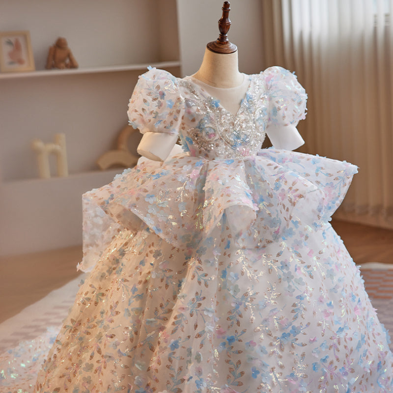 Flower Girl Dress Children Wedding Pageant Sequin Bowknot Fluffy Princess Dress