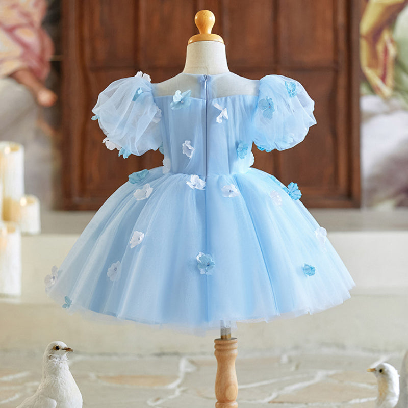 Blue Flower Girl Wedding Dress Girl Birthday Princess Dress