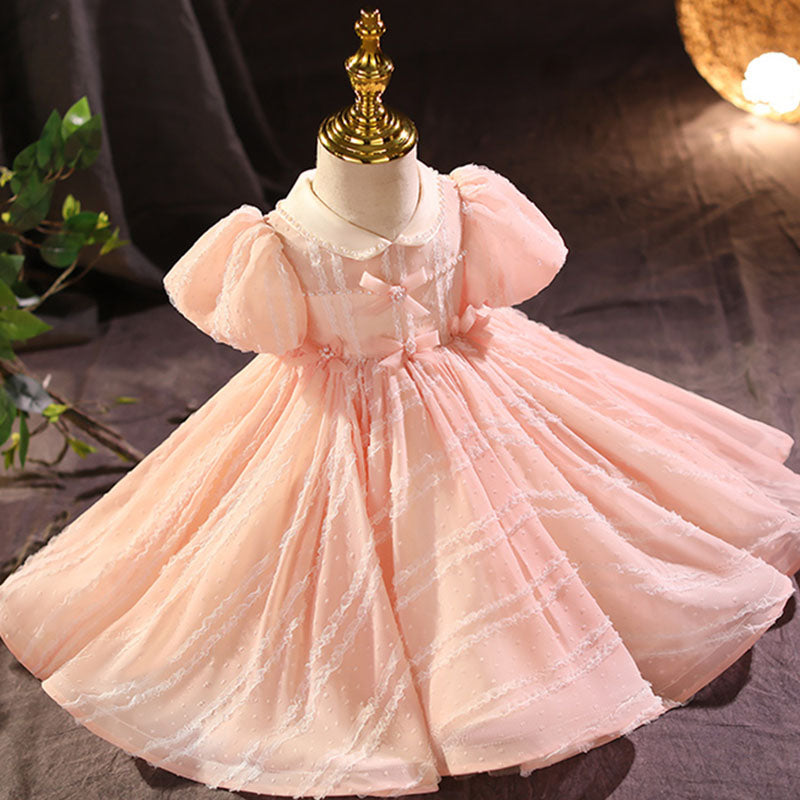 Sweet Baby Pink Puff Sleeve Doll Collar Princess Dress Toddler Bow Flower Girl Dress