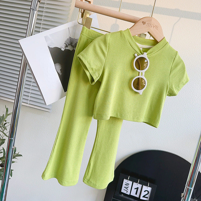 Cute Baby Girl Round Neck Short-sleeved Top Nine-quarter Wide-leg Pants Suit