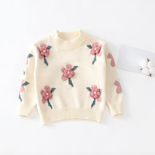 Girls Three-dimensional Flower Round Neck Sweater Bean Paste Color Tutu Skirt Suit