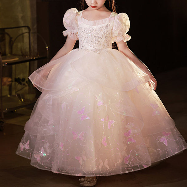 Sweet Baby Girls Flower Girl Puff Sleeve Butterfly Mesh Princess Dress Toddler Sequin Party Puff Dress