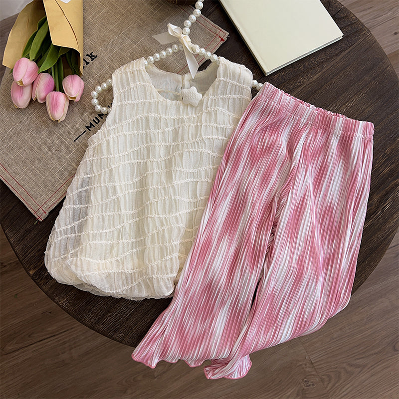 Baby Summer Thin Girls Ice Silk Top Pants Two Piece Set