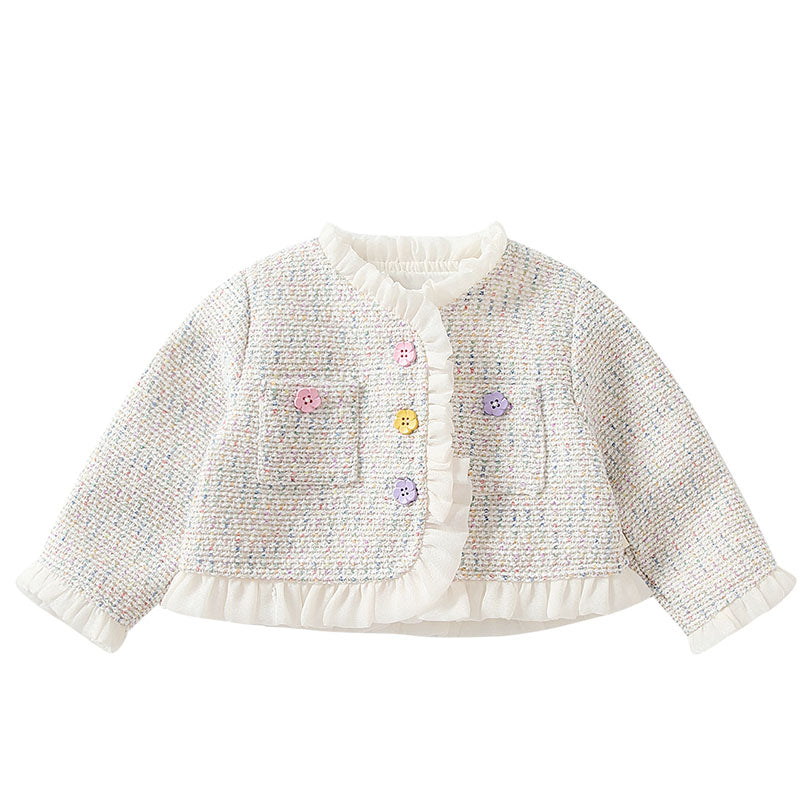 Girls' WarmJacket Toddler Cute Autumn Dress Ruffle Trim Colorful Button Plaid Coat
