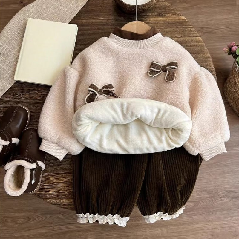 Girls' Autumn New Fleece Top and Pants Two-piece Set