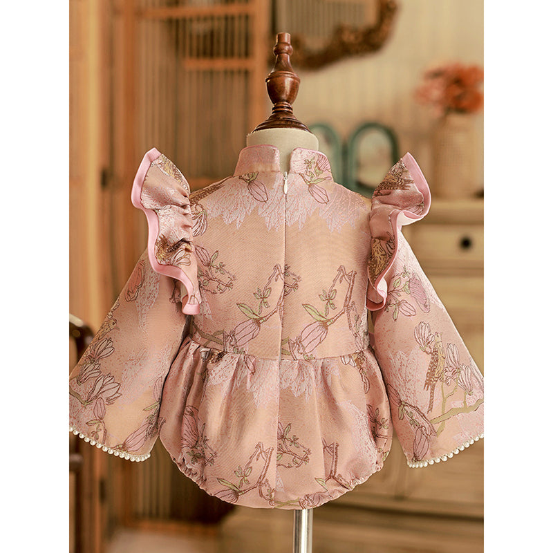 Cute Baby Girls Pink Embroidered Bow Romper
