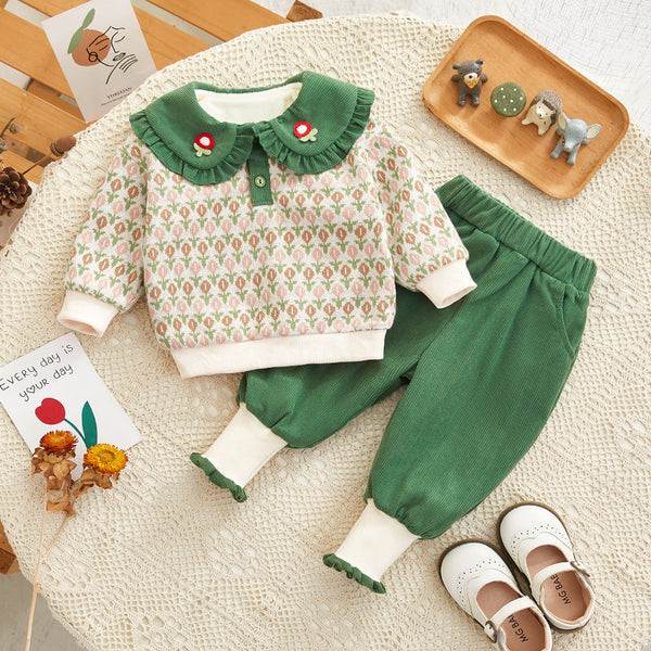 Baby Girl Green Doll Collar Small Flower Two-piece Set