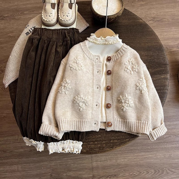 Girls' Autumn New Knitted Sweater Cardigan Bottoming Shirt Pants Three-piece Set