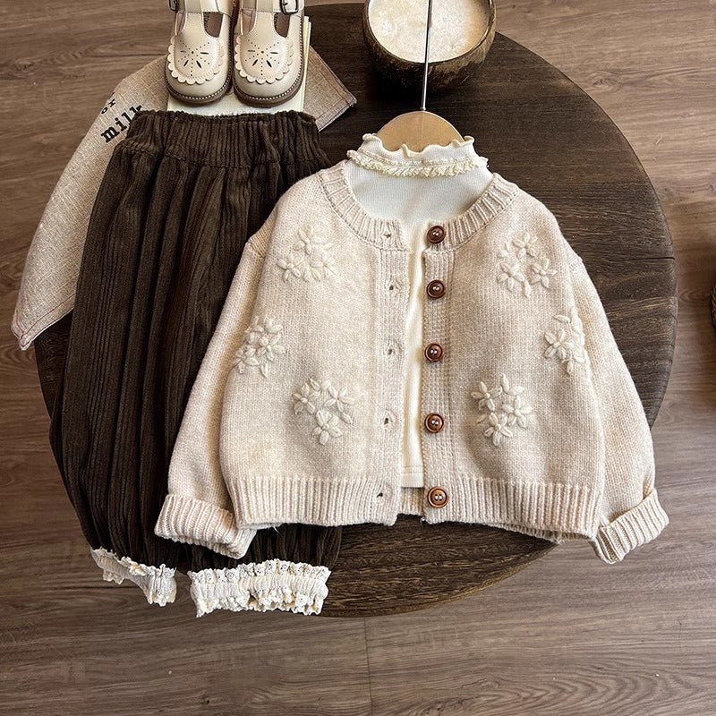 Girls' Autumn New Knitted Sweater Cardigan Bottoming Shirt Pants Three-piece Set