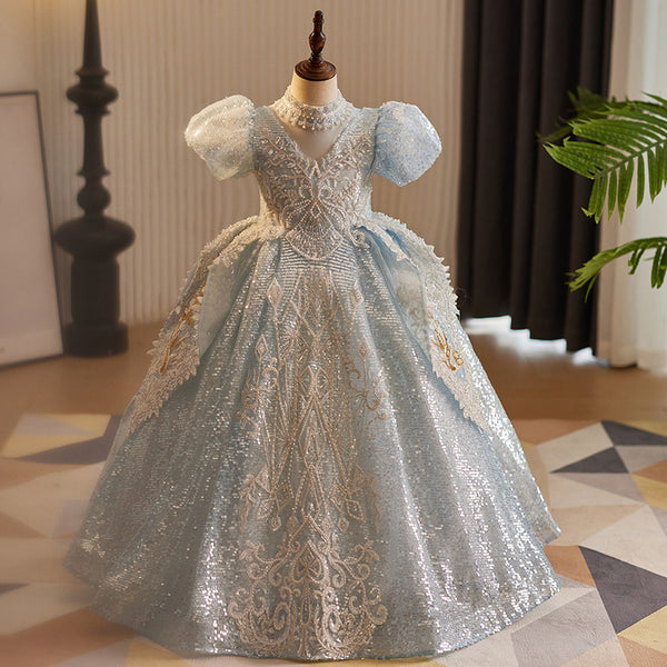 Elegant Baby Girls Light Blue Hollow Sequin Pattern Long Skirt Toddler Birthday Evening Dress