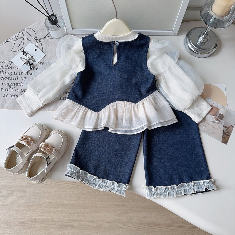 Girls' New Autumn Bottoming Shirt Denim Vest Lace Jeans Three-piece Set