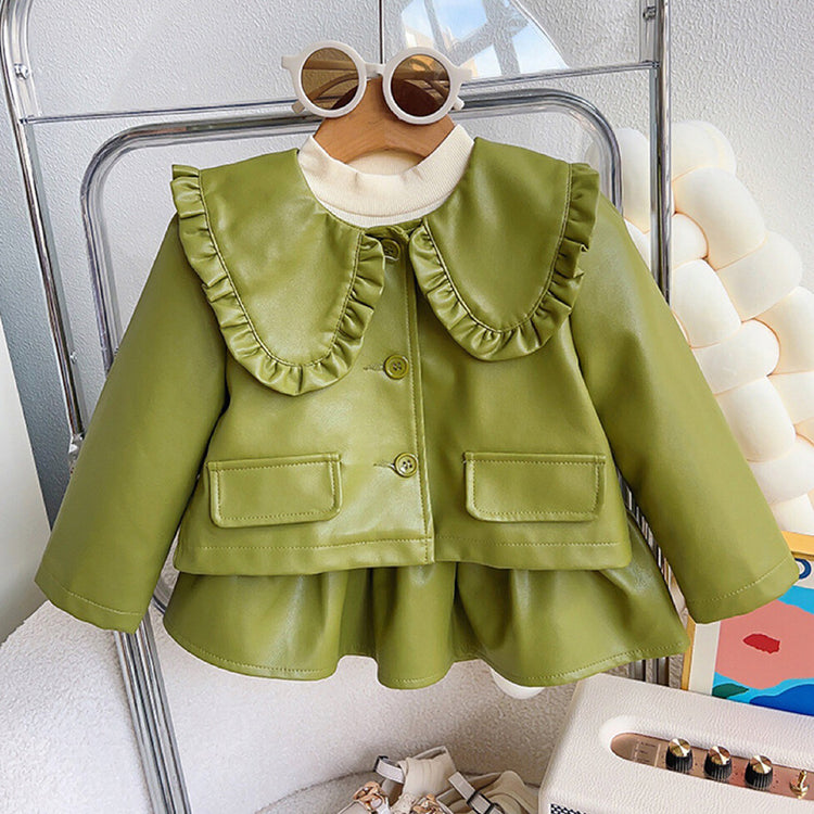 Girls Doll Collar Green Leather Two-piece Set