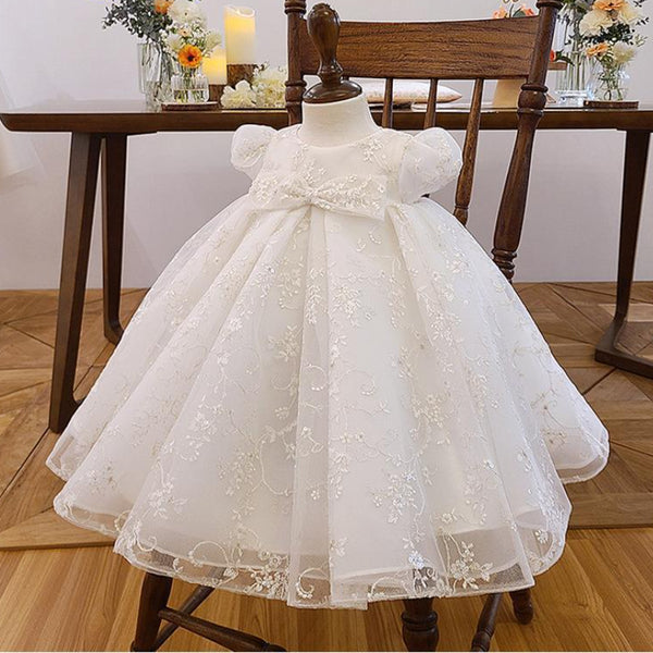 Flower Girl Patterned Puff Sleeve Bow-knot Communion dress